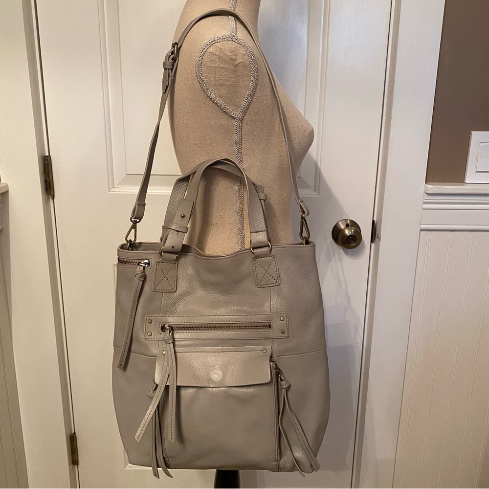 SUNDANCE HAND SHOULDER BAG TOTE GRAY LEATHER 2 HANDLE & LONG STRAP MAGNET CLOSE